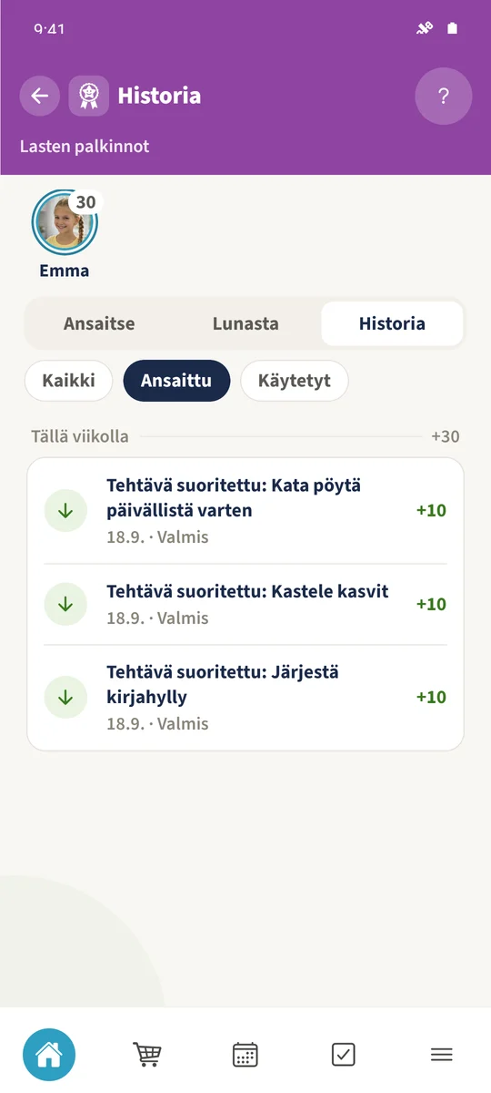 Historia erottaa ansaitut pistehyvitykset elokuvalunastuksesta ja myöhemmästä siivoushyvityksestä.