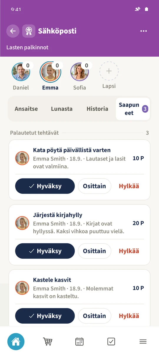 Danielin vanhemman Saapuneet-näkymässä näkyvät todelliset palautukset ja kolme tarkistustoimintoa.