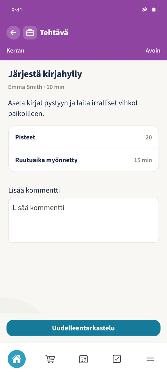 Järjestä kirjahylly tarjoaa 20 pistettä ja 15 minuuttia.