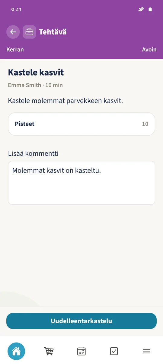 Emma on kirjoittanut kommentin kasvien kastelusta ja voi lähettää sen tarkistettavaksi.