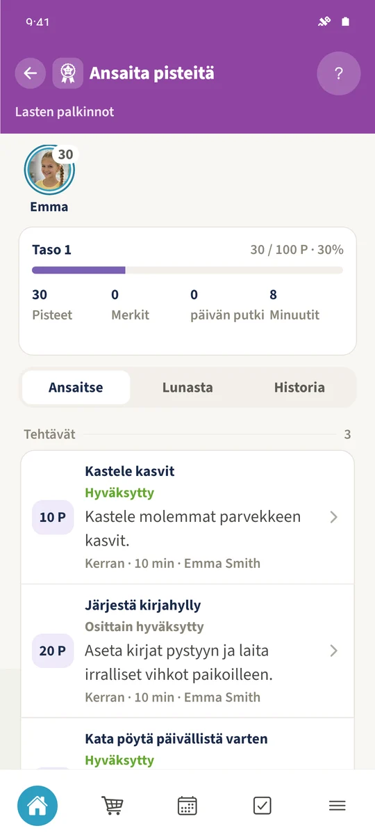 Emman yleisnäkymässä näkyy 25 käytettävissä olevaa pistettä ja kahdeksan minuuttia kirjattujen hyvitysten ja lunastuksen jälkeen.