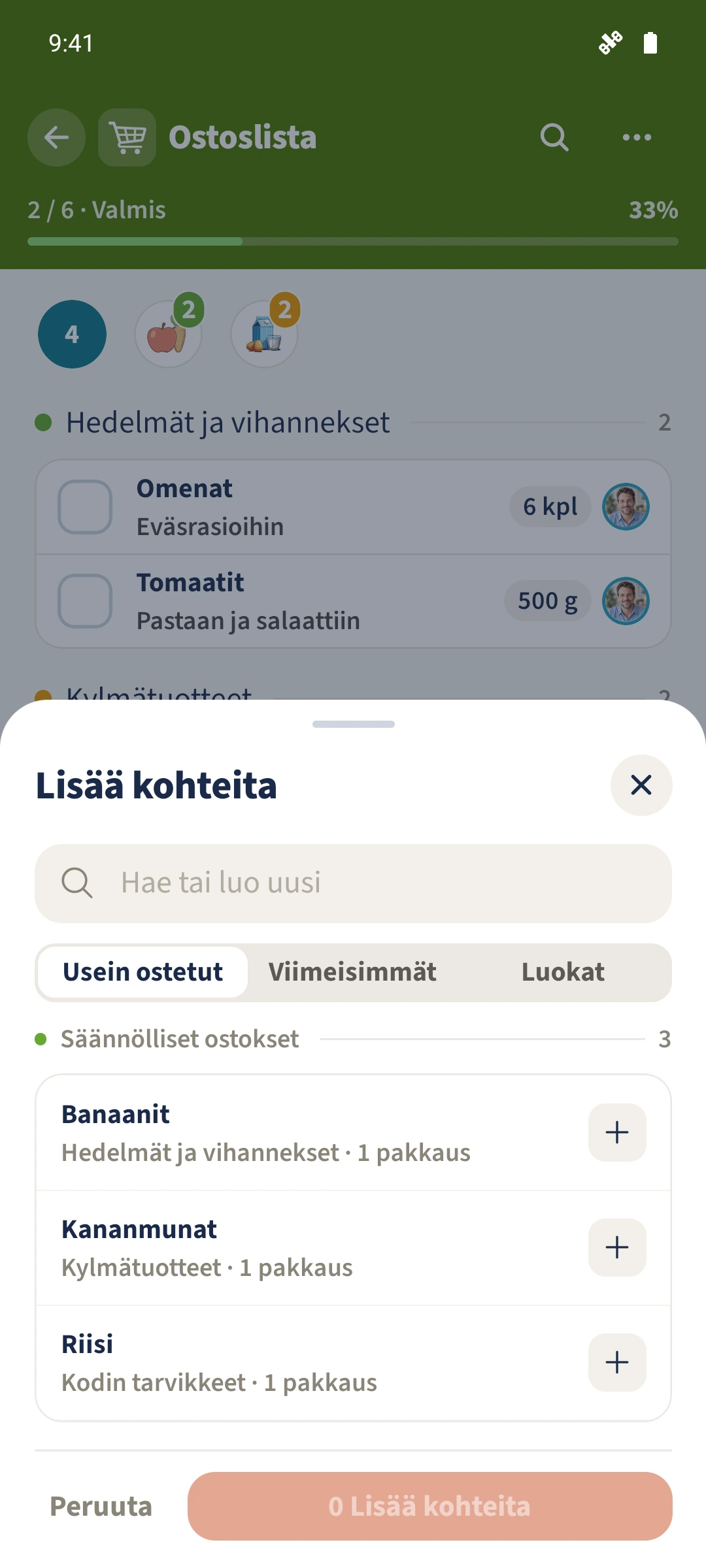 Usein ostetut -näkymä tarjoaa aiemmin käytettyjä tuotteita; valittujen määrä on aluksi nolla.
