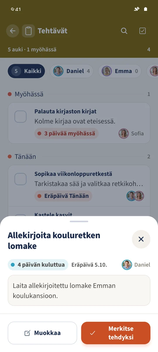 Kouluretkilomakkeen tiedoissa Daniel näkyy vastuuhenkilönä ja nykyinen määräpäivä on 21.9.2026.