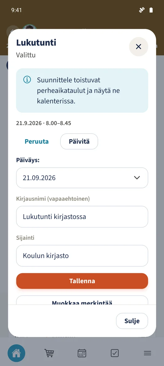 Uusi otsikko ja Koulun kirjasto -sijainti on kirjoitettu samalle päivämäärälle.
