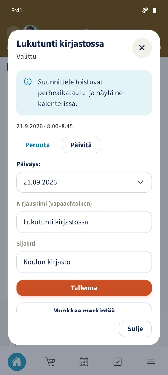 Uudelleen avattu kerta näyttää tallennetun otsikon ja sijainnin.