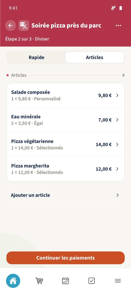Capture prévue : Partager une facture de restaurant par personne : vue 1.