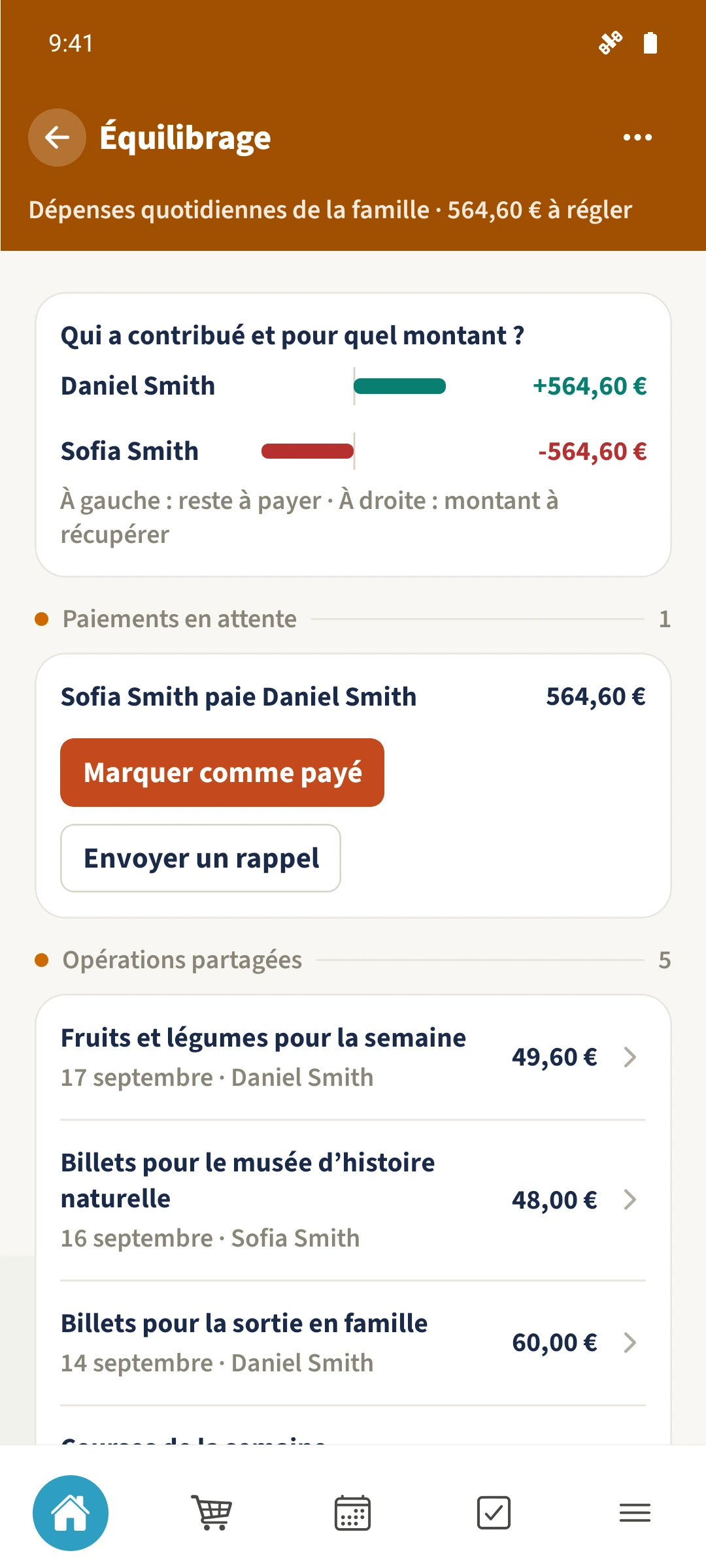 Équilibrage des dépenses : Sofia doit verser 564,60 € à Daniel.