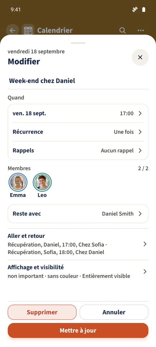 Capture prévue : Organiser les séjours des enfants et les transferts : vue 1.