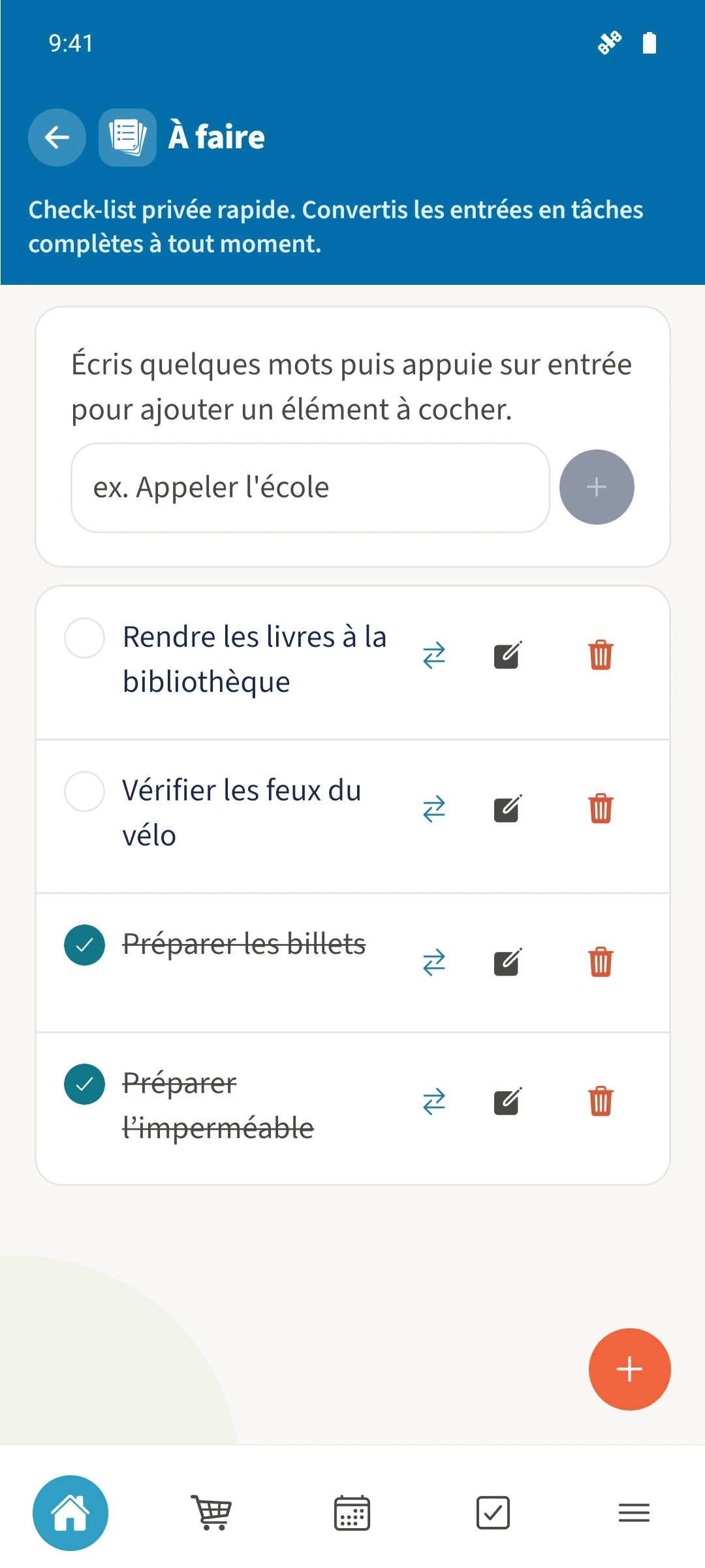 Liste À faire avec des éléments ouverts et terminés.