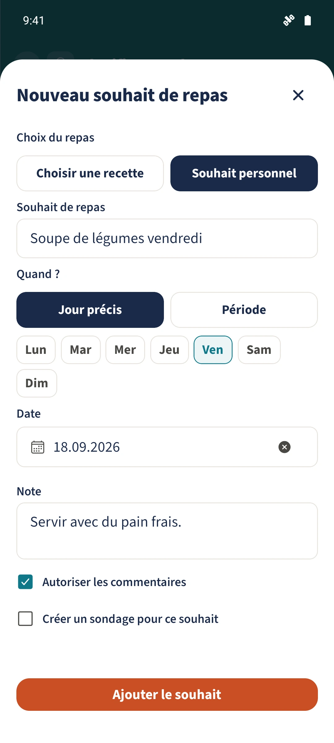 Nouveau souhait de repas pour le vendredi, avec note et commentaires autorisés.