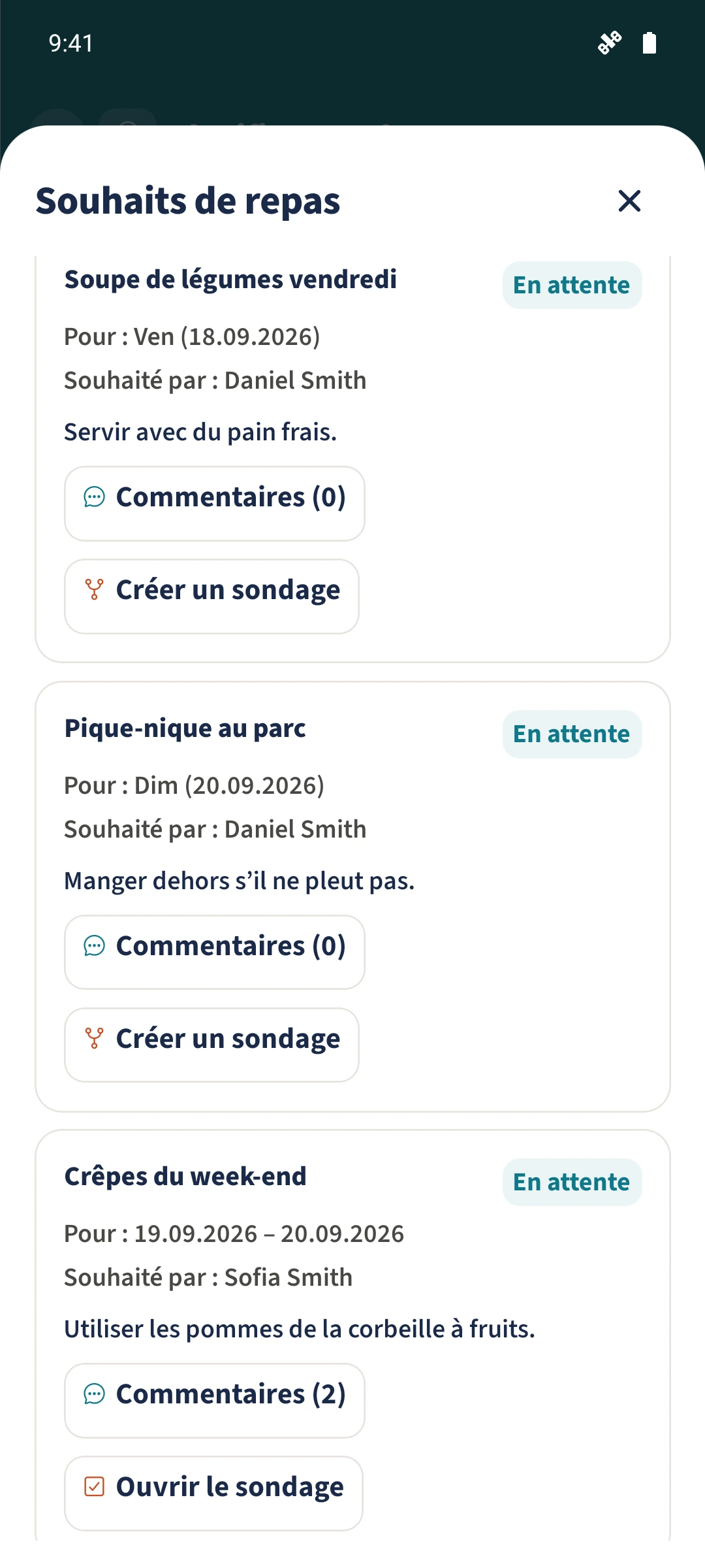 Souhaits de repas et accès au sondage associé.