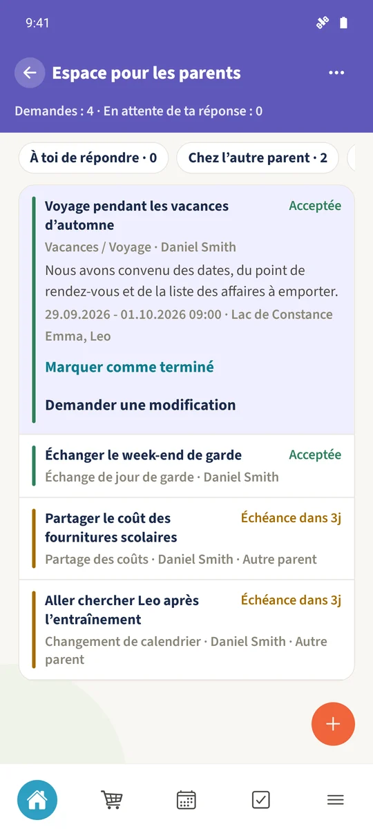 Capture prévue : Coordonner un voyage dans l’Espace parents : vue 3.
