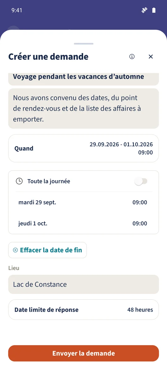 Capture prévue : Coordonner un voyage dans l’Espace parents : vue 2.