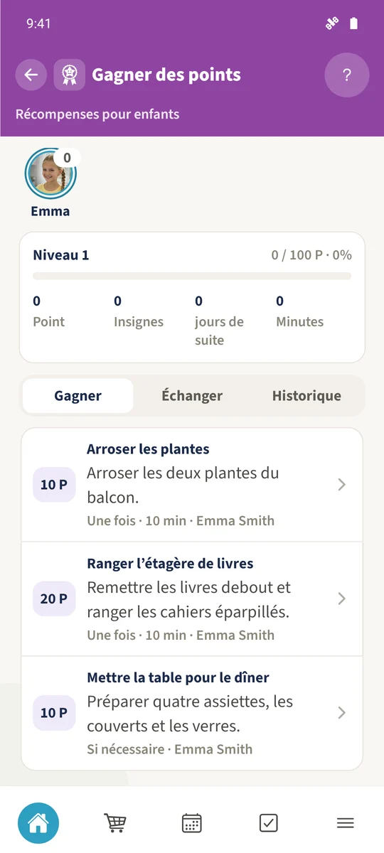 Capture prévue : Associer les tâches des enfants à des récompenses convenues : vue 1.