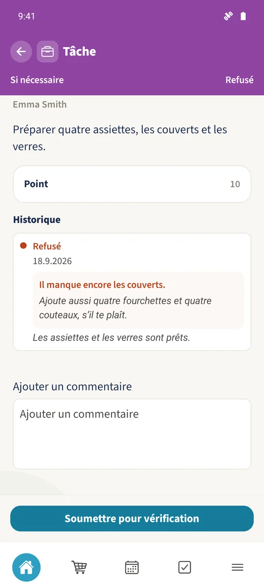 Capture prévue : Soumettre une tâche et lire le retour parental : vue 5.