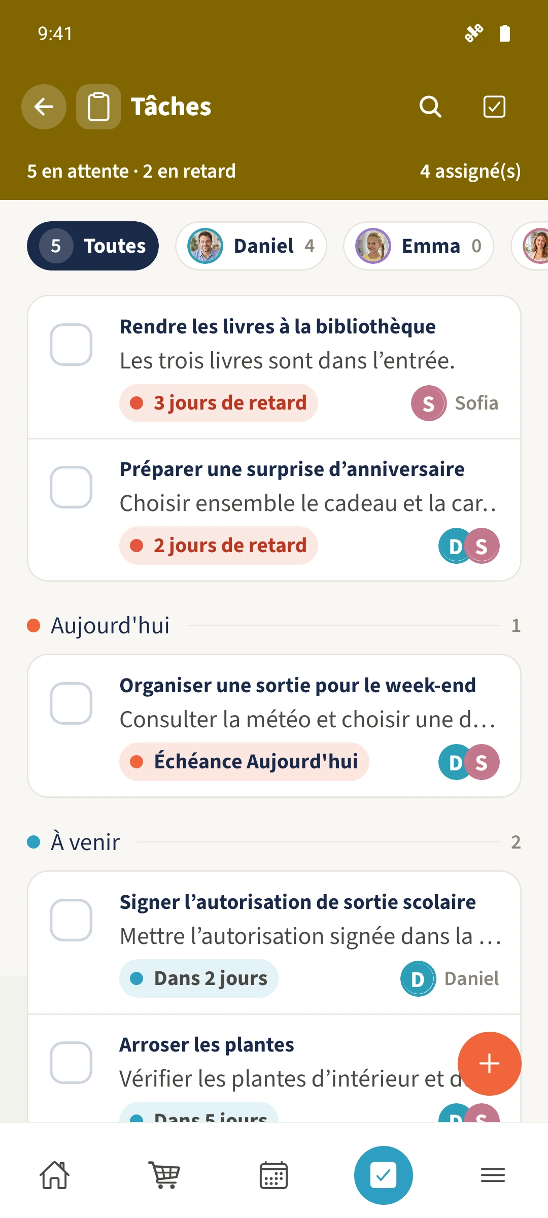 Tâches familiales, dates et personnes assignées.