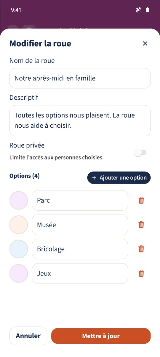 Capture prévue : Créer une roue pour choisir une activité en famille : vue 1.