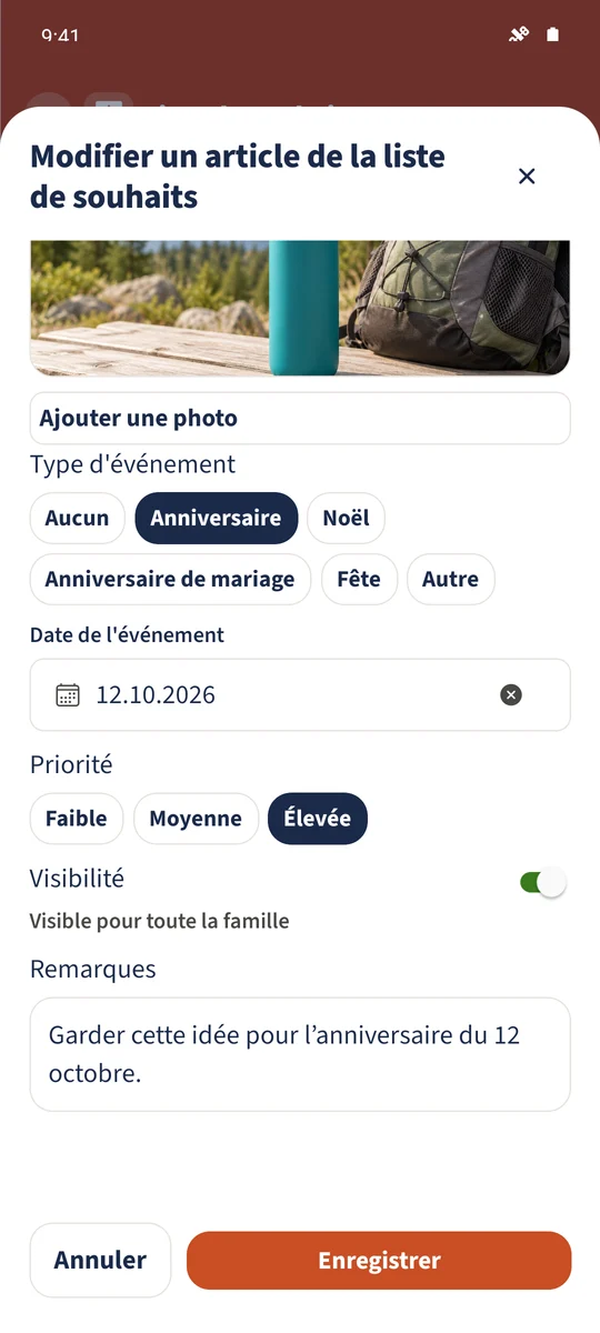 Capture prévue : Organiser les souhaits par occasion et priorité : vue 2.