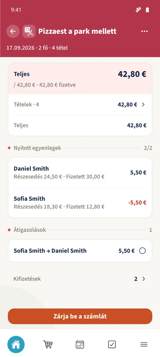 A Tekintse át 42,80 € kifizetést mutat a számla pénznemében, a személyek közötti fennmaradó visszafizetés mellett.