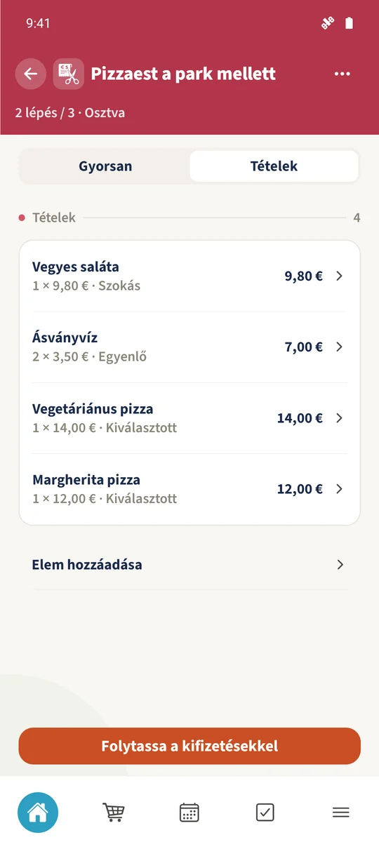 A számla két külön személyhez rendelt pizzát tartalmaz, az Ásványvíz és Vegyes saláta a résztvevők között megosztva szerepel.
