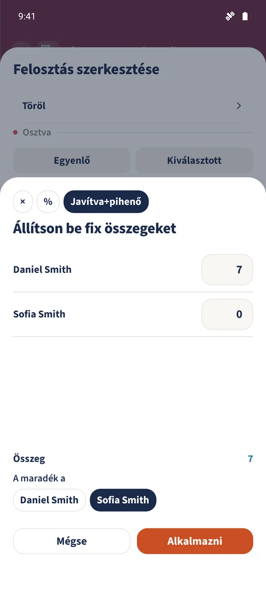A Javítva+pihenő a tétel költségéből 7 €-t Danielhez, a fennmaradó költséget pedig Sofiához rendeli.
