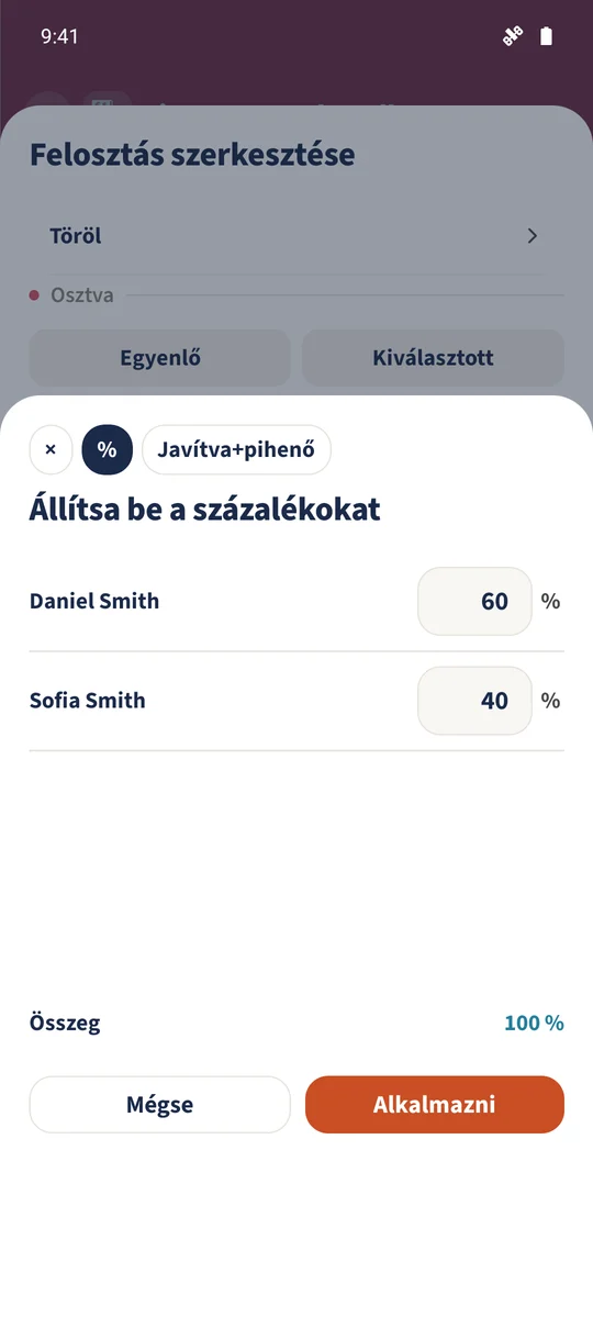 Az alternatív százalékos megosztás 60 és 40 értéket használ, összesen 100%-ot.