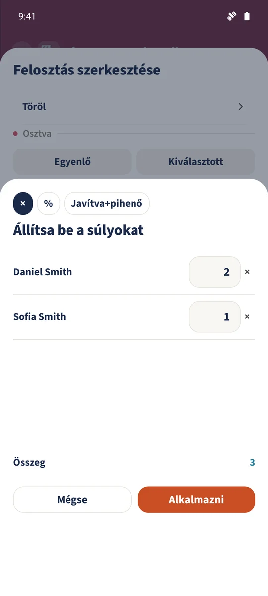 Daniel 2 és Sofia 1 súlya három relatív részesedést ad.