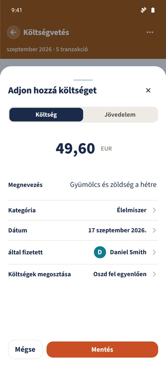 A Tranzakció szerkesztése a meglévő 49,60 € kiadást mutatja dátummal, fizetővel, kategóriával és költségmegosztással.