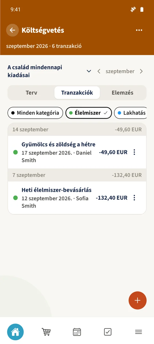 Az Élelmiszer szűrő a Heti élelmiszer-bevásárlás és Gyümölcs és zöldség a hétre tételeket mutatja, összesen 182 € értékben.