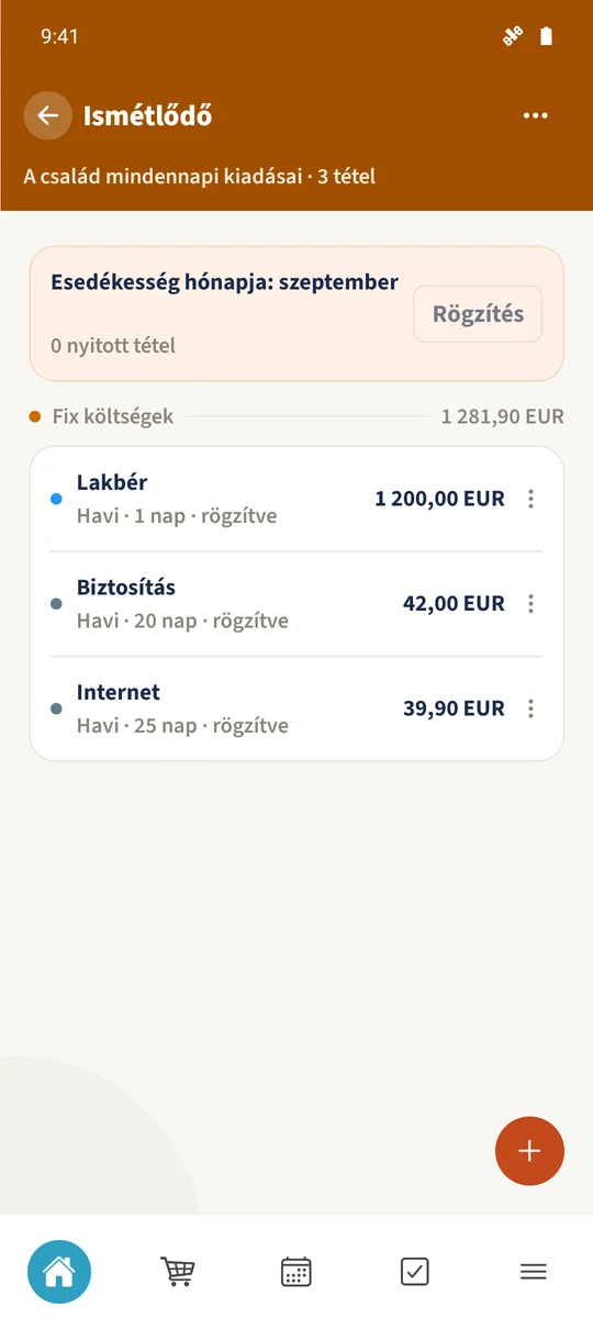 Generálás után a Lakbér, Biztosítás és Internet rögzítettként jelenik meg 2026 októberére.