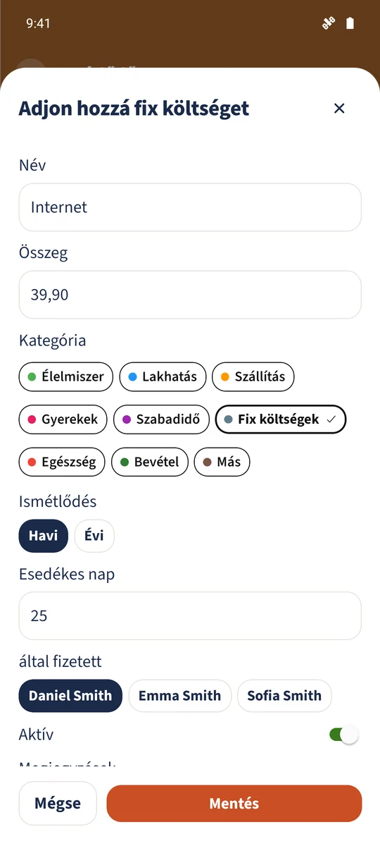 A meglévő Internet tétel 39,90 €-ra van beállítva az Állandó kiadások között, havonta a 25. napon ismétlődve.