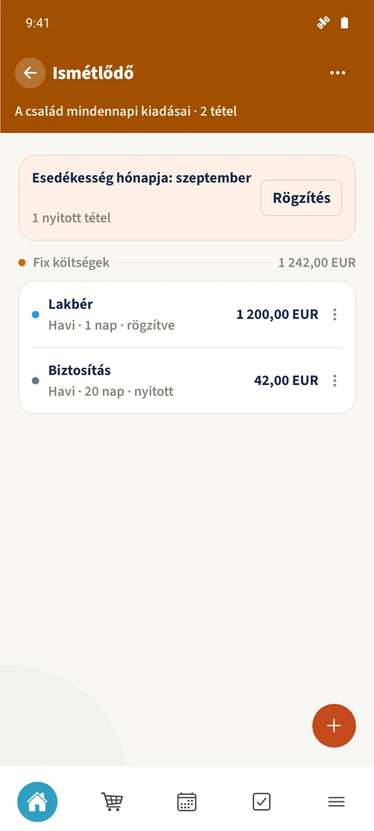 A 2026 októberi Ismétlődő nézet a meglévő Lakbér, Biztosítás és Internet tételeket mutatja, mind még nyitott.