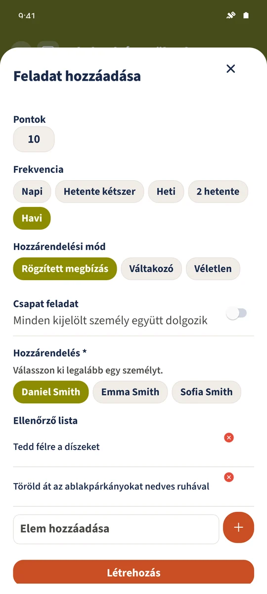 Az űrlapon a Daniel nevű személy van kiválasztva rögzített hozzárendeléshez, és kétlépéses ellenőrzőlista szerepel.