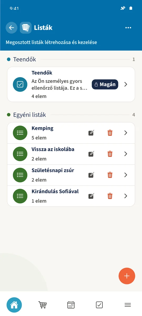 A Smith család listaáttekintése a Kemping, Vissza az iskolába és Születésnapi zsúr listát mutatja a privát Teendők mellett.