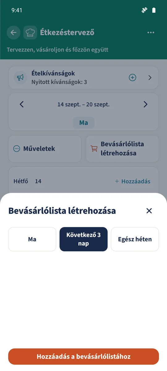 A Bevásárlólista létrehozása panelen ki van választva egy időszak, így a recept-hozzávalók hozzáadhatók a meglévő főlistához.