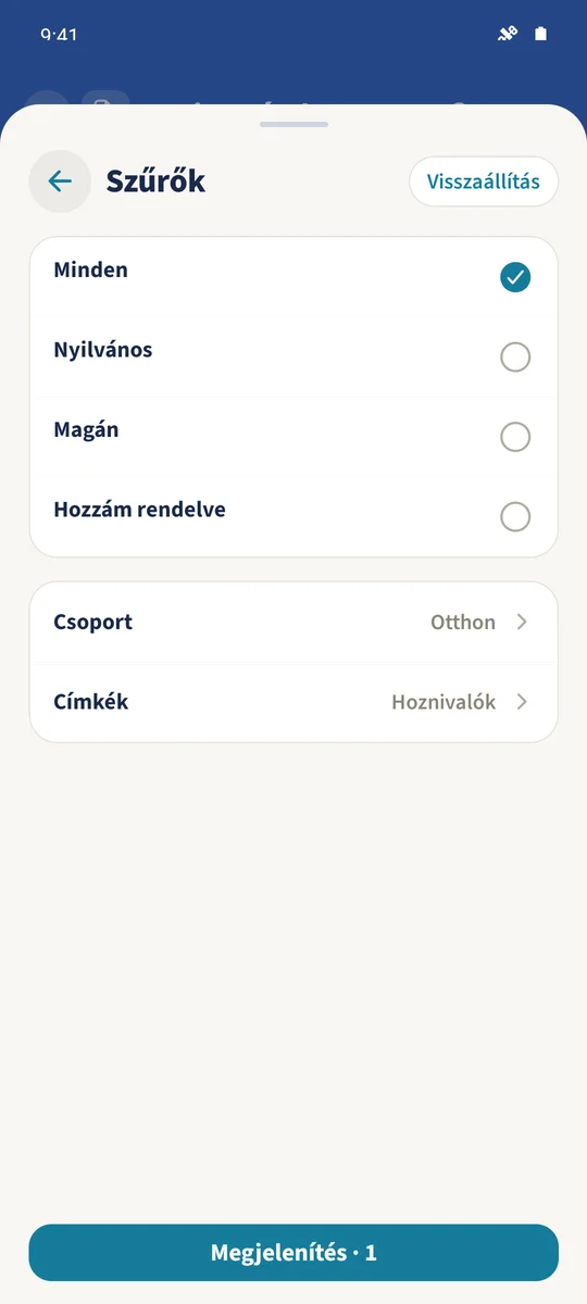 A szűrő az Otthon csoportot és Hoznivalók címkét választja.