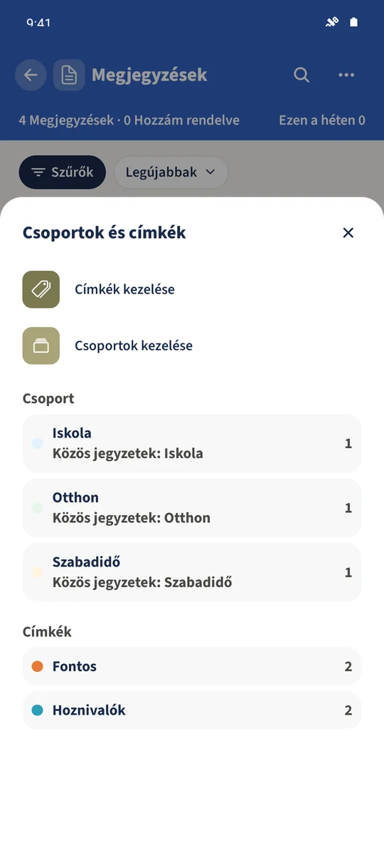 A Csoportok és címkék az Iskola, Otthon és Szabadidő csoportot mutatja a meglévő címkékkel.