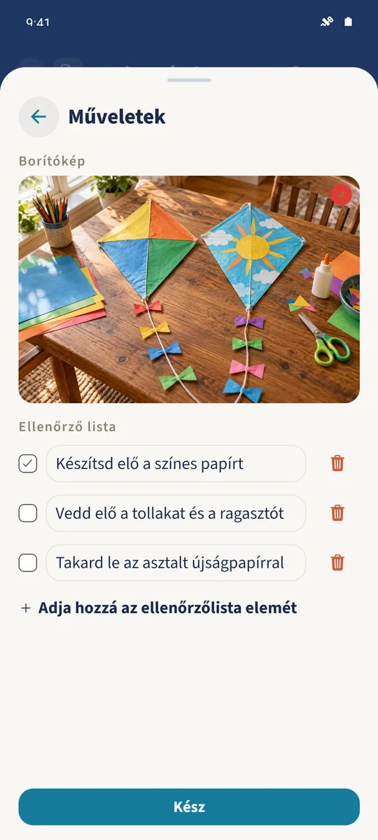 A további menü a kiválasztott kézműves képet és egy kész előkészületi lépést tartalmazó ellenőrzőlistát mutat.