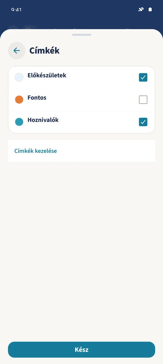 A jegyzetszerkesztőben a Hoznivalók és az új Előkészületek címke van kiválasztva.