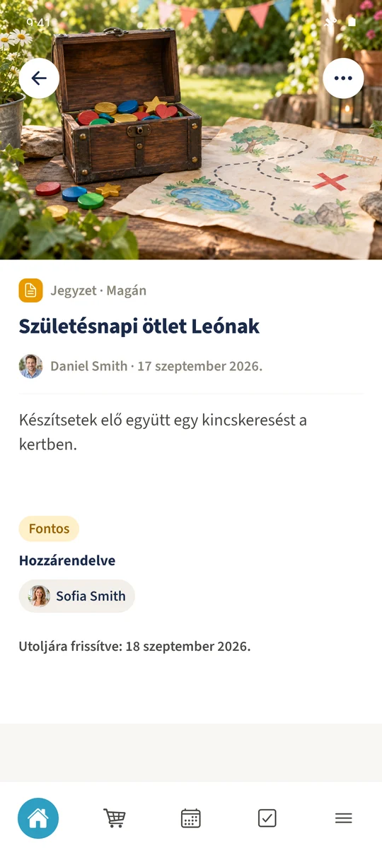 A privát születésnapi jegyzet szövegét, fotóját és Sofiát mint hozzárendelt személyt mutatja.