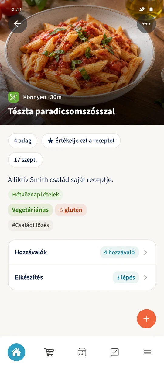 A recept részletei adagokat, kategóriát és tárolt étrendi információt mutatnak, kibontható hozzávalókkal és elkészítéssel.