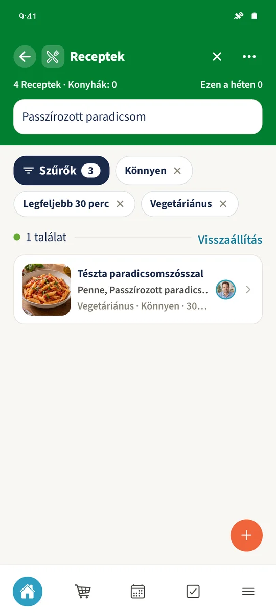 A szűrők alkalmazása után a Tészta paradicsomszósszal marad meg.