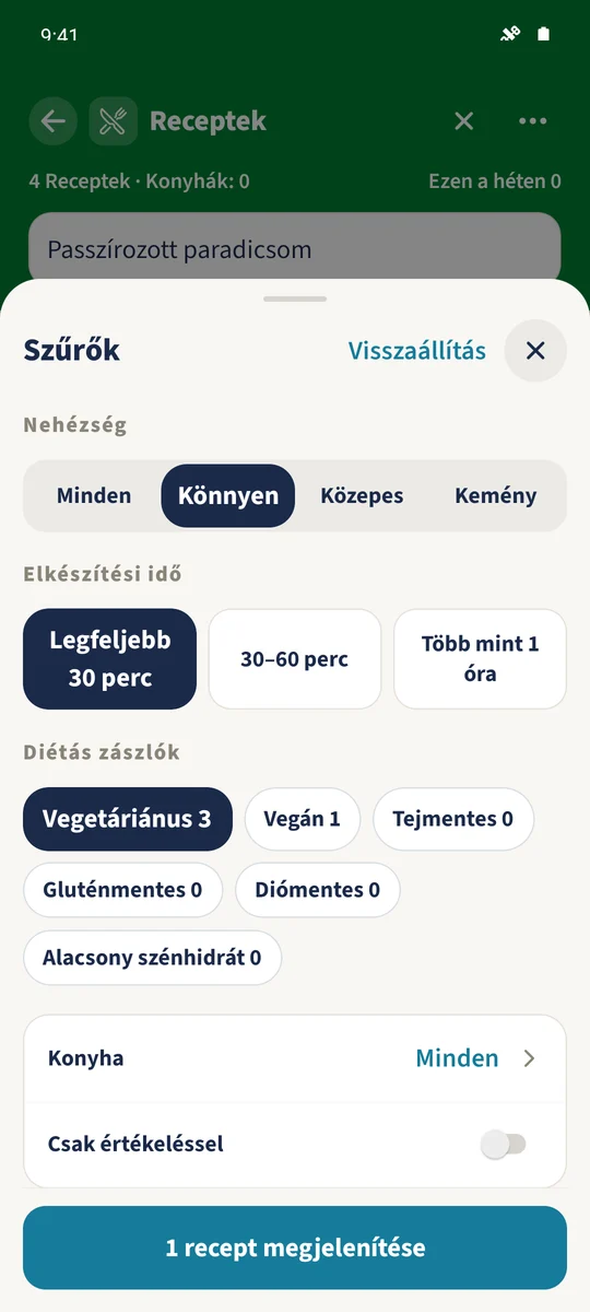 A paradicsomkeresés a Könnyen, Legfeljebb 30 perc és Vegetáriánus szűrőkkel együtt egy receptet hagy meg.