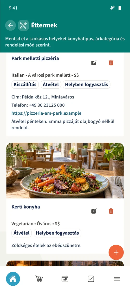 A mentett pizzériakártya mutatja az adatokat, köztük az elérhetőségeket és a családi megjegyzést.