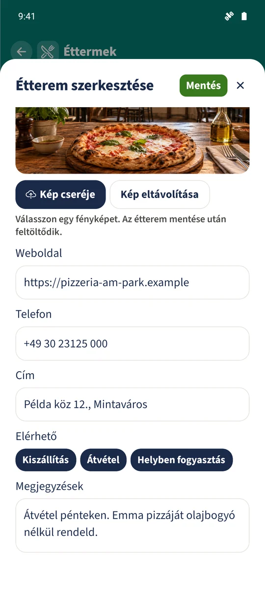 Az űrlap alsó része a fiktív elérhetőségeket, mindhárom szolgáltatást és a család átvételi megjegyzését tartalmazza.