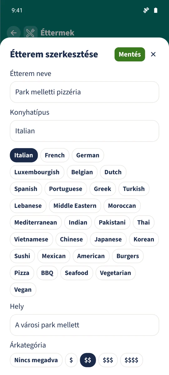 A szerkesztő a Park melletti pizzériát és az Olasz konyhaválasztást mutatja.