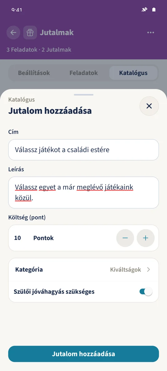 A katalógusűrlap tíz pontért kínál játékválasztást, kötelező szülői jóváhagyással.