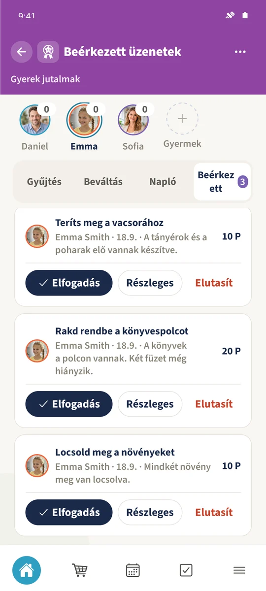 Daniel szülői Beérkezett üzenetek nézete a tényleges beküldéseket és három ellenőrzési műveletet mutatja.