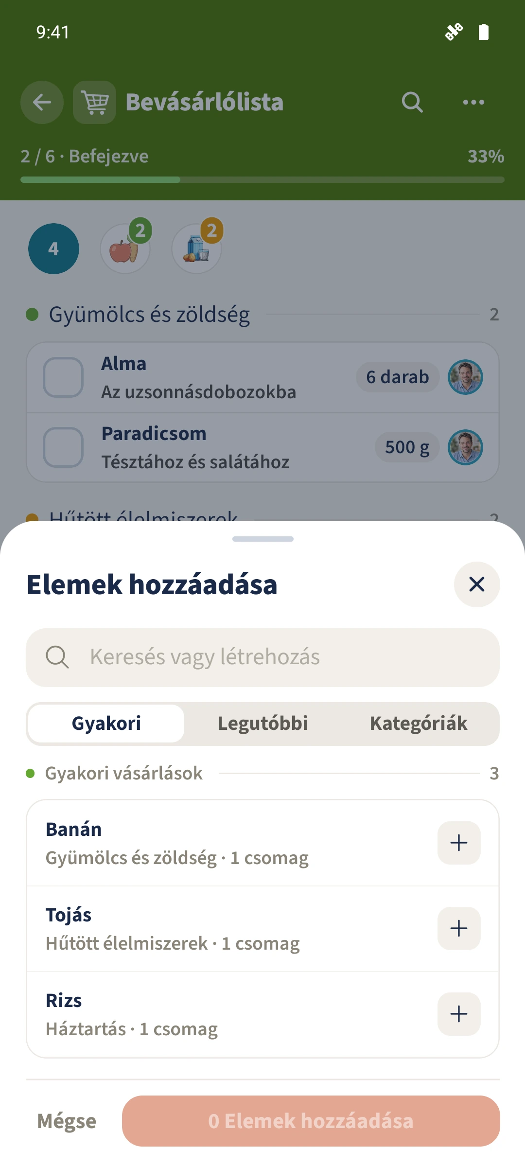 A Gyakori nézet korábban használt tételeket kínál; kezdetben nulla tétel van kiválasztva.