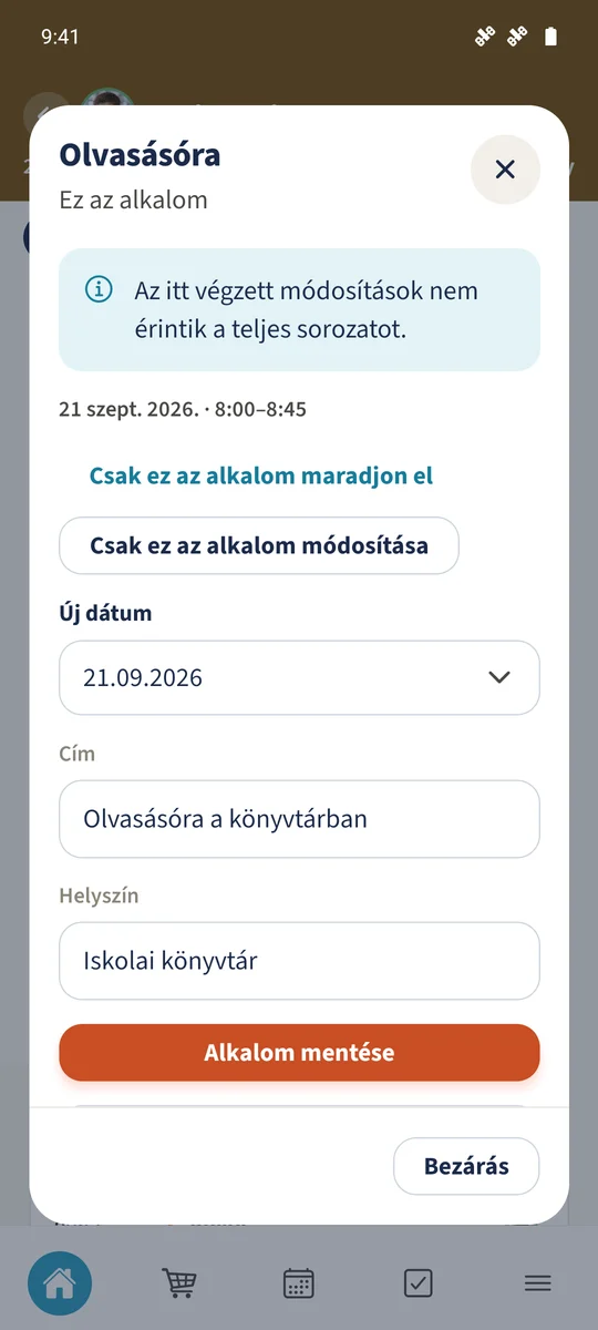 Az új cím és az Iskolai könyvtár helyszín ugyanarra a dátumra van megadva.